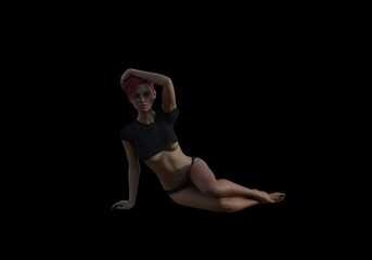 beautiful mature woman with short red hair and torn black shirt and in panties poses on a dark background, 3D illustration
