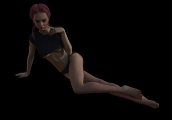 Fototapeta na wymiar beautiful mature woman with short red hair and torn black shirt and in panties poses on a dark background, 3D illustration