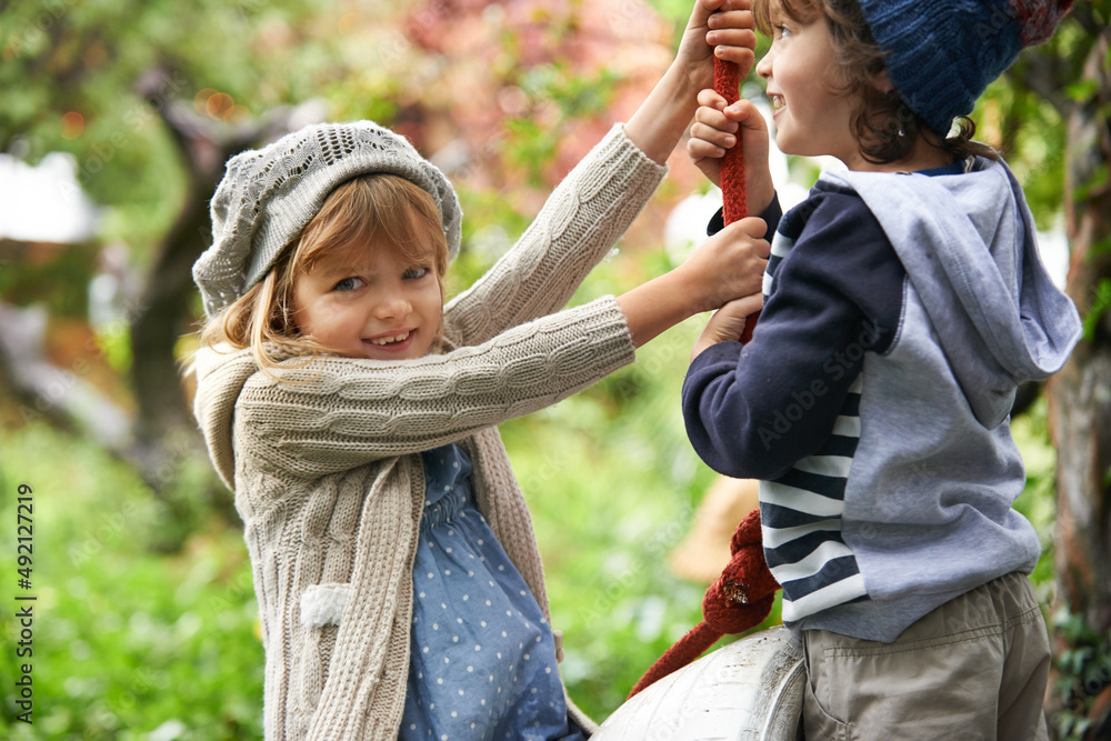 Poster Fun with my brother. Shot of two cute kids playing on tire swings in their garden.