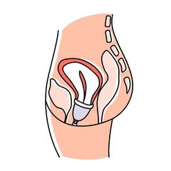 How to use woman menstrual cup during periods. Instruction how to insert blood cup to womans body. Line art icon set vector illustration
