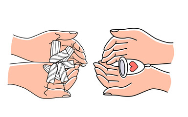Menstrual cup and tampon in hand to collect blood while menstruation period. Feminine personal hygiene zero waste device vector illustration
