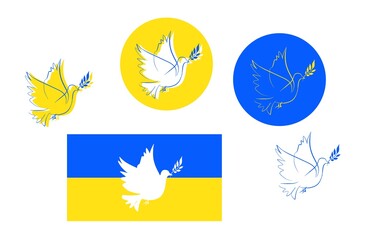 Peace for Ukraine concept sketches in form of stickers, Ukrainian flag with dove of peace silhouette