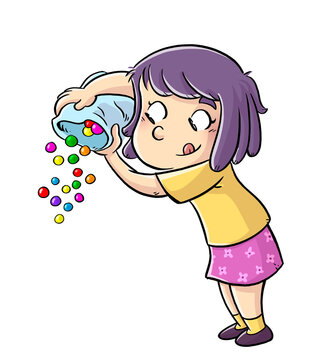 illustration of little girl with bag of candy