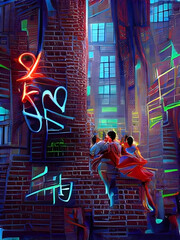 A 3d digital rendering of a city alley with people dancing and colorful neon lights.