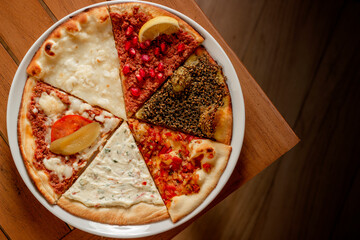 food, pizza, cheese, meal, dinner, italian, tomato, lunch, cuisine, vegetable, plate, pepper, dish, baked, ham, crust, Arabic food , mozzarella, cooking, vegetarian, meat, isolated, hot, snack