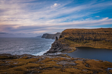 Fototapeta na wymiar Sorvagsvatn or Leitisvatn lake in the island of Vagar. Faroe Islands. November 2021.