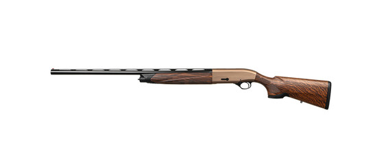 A modern semi-automatic shotgun with a wooden stock. Guns in bronze color for hunting and sport....