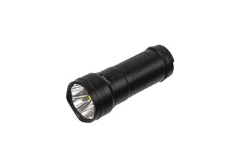 Black metal LED flashlight isolate on a white back. Pocket lamp for dark time of day or dark rooms.