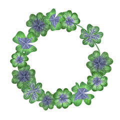 An isolated watercolor artistic hand drawn green and violet image of a round wreath with clover flowers and with a real aquarelle paper texture for design of text, labels,greeting and invitation cards