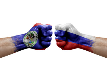 Two hands punch to each others on white background. Country flags painted fists, conflict crisis concept between belize and russia