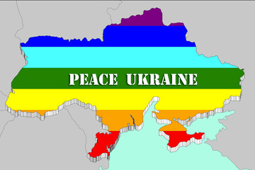 ukraine in 3d graphics with hope of peace, the nation in 3d graphics with the colors of the rainbow flag of peace and the inscription peace in ukraine.