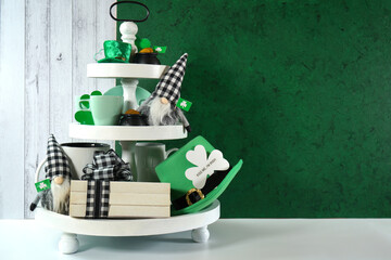 St Patrick's Day holiday. On-trend farmhouse aesthetic three tiered tray decor filled with...