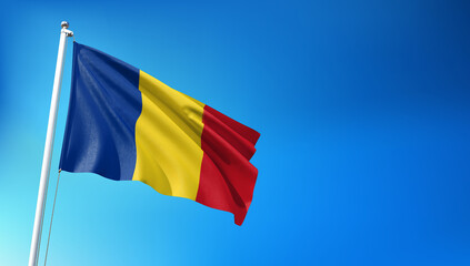 Romanian Flag Flying on Blue Sky Background 3D Render