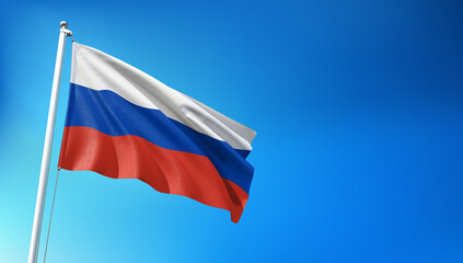 Fototapeta na wymiar Russian Flag Flying on Blue Sky Background 3D Render
