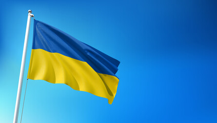 Ukraine Flag Flying on Blue Sky Background 3D Render