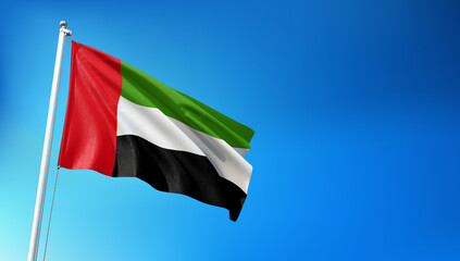 United Arab Emirates Flag Flying on Blue Sky Background 3D Render