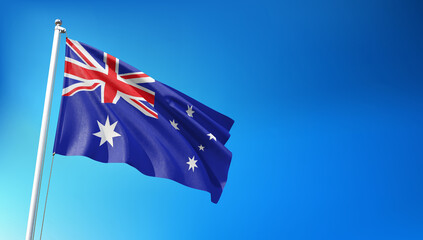 Australian Flag Flying on Blue Sky Background  3D Render