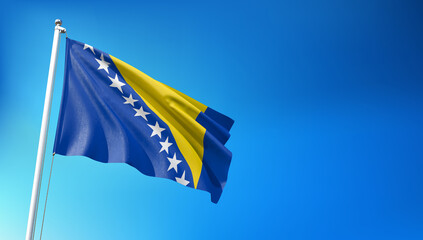 Bosnian Flag Flying on Blue Sky Background 3D Render