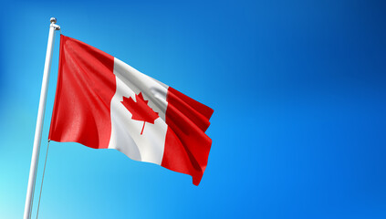 Naklejka premium Canadian Flag Flying on Blue Sky Background 3D Render