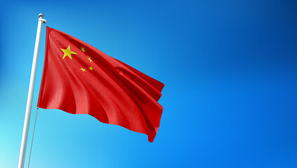 Chinese Flag Flying on Blue Sky Background 3D Render