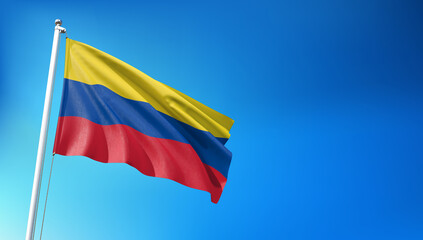 Colombian Flag Flying on Blue Sky Background 3D Render