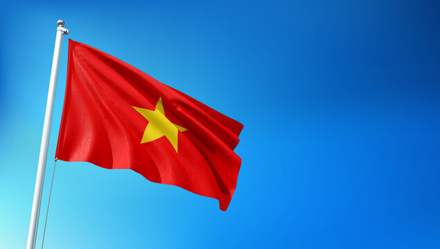 Vietnam Flag Flying on Blue Sky Background 3D Render