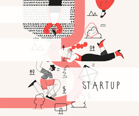 Startup illustration. Flat line vector modern concept illustration of young people, startup metaphor. Concept of building new business, planning, strategy, teamwork and management, company processes