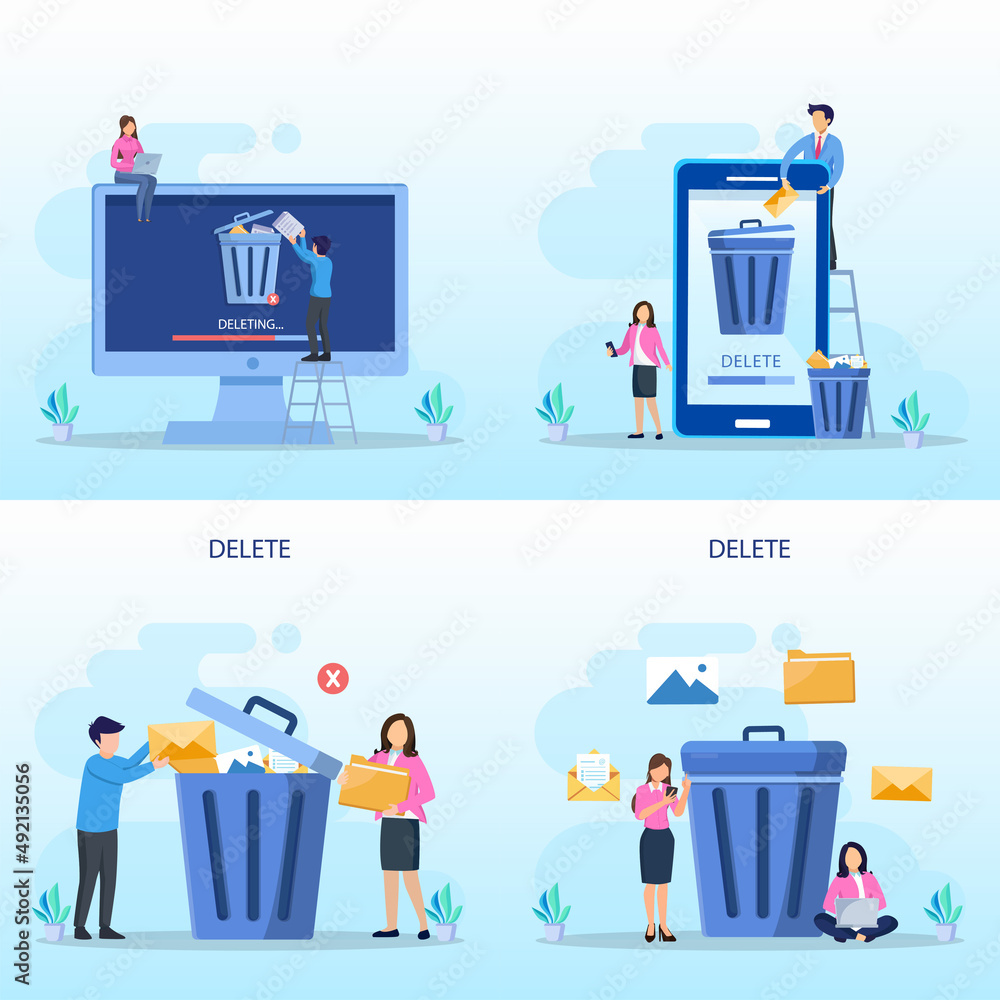 Poster delete concept. deleting data and move unnecessary files to the trash bin. illustration vector
