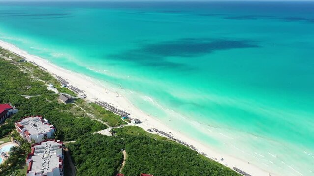 Cuba Cayo Santa Maria beach drone aerial 4K white sand  shot cayo coco varadero caribbean sea waves atlantic ocean tropical turquoise  paradise view Antilles landscape destination cuban coast coastlin