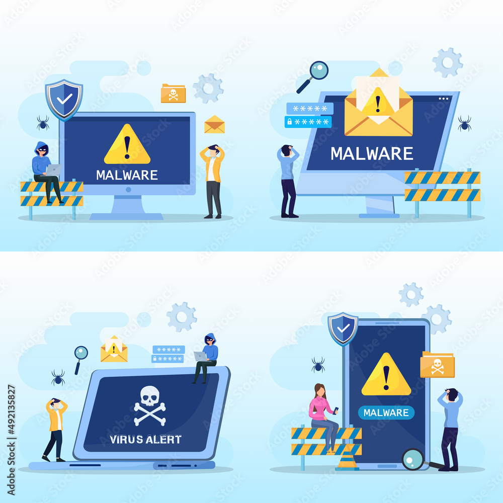 Poster virus malware detected concept, viruses attack warning signs, hacking alert messages vector
