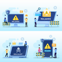 Obraz premium Virus malware detected concept, viruses attack warning signs, hacking alert messages vector 