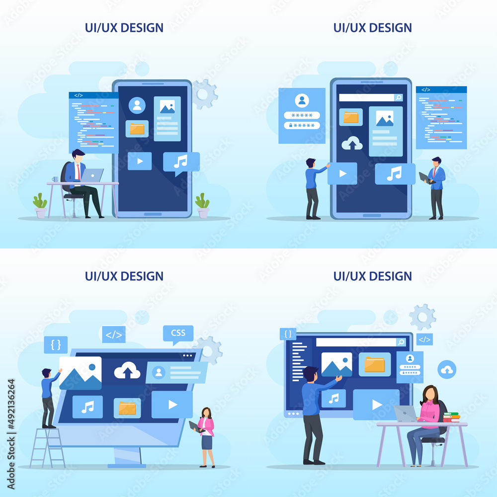 Poster ui ux design concept, creating an application design, content and text place, vector illustration