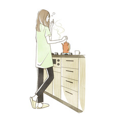 キッチンであくびをしている女性