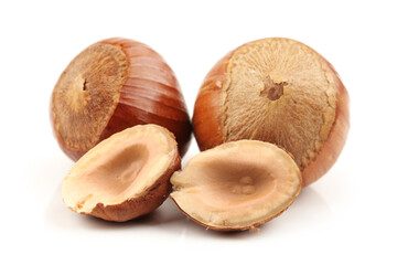 Hazelnuts on a white background