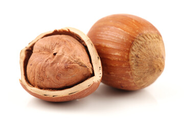 Hazelnuts on a white background