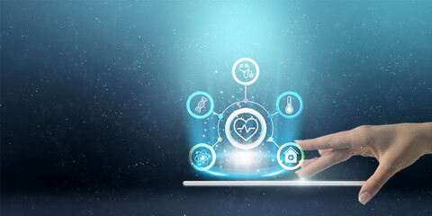 Doctor is touching his electronic medical record. Medical technology and futuristic concept of digital healthcare and network connectivity on hologram modern virtual screen interface
