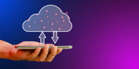 Cloud data storage concept. Hand hold cloud computing with transfer arrow on blue and purple...