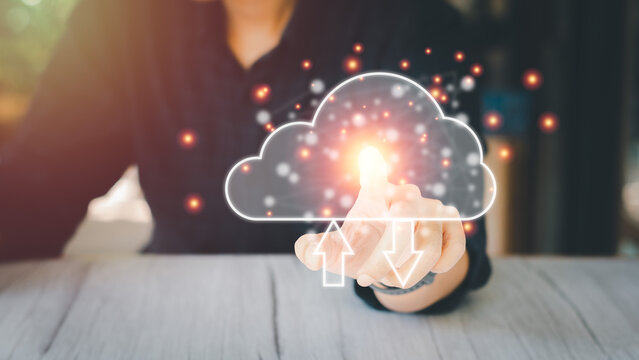 Cloud data storage concept. Finger-pointing to cloud computing with transfer arrow. Communication of business and financial. Large database and synchronize with the internet and technology.