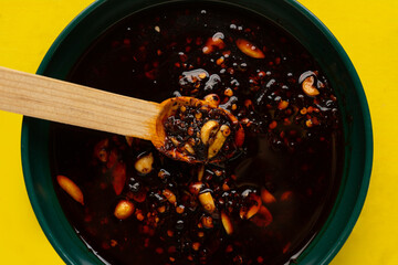 Chili oil sauce with sesame and peanuts called macha. Mexican food