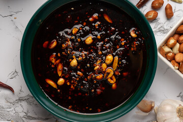 Chili oil sauce with sesame and peanuts called macha. Mexican food