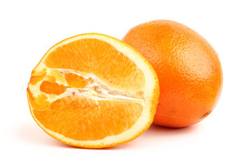 Whole orange fruit and segments or cantles isolated on white background cutout