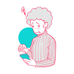 スマホを操作して使い方が分からず困惑するシニア女性