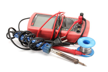 Tools for home electrical repair on white background