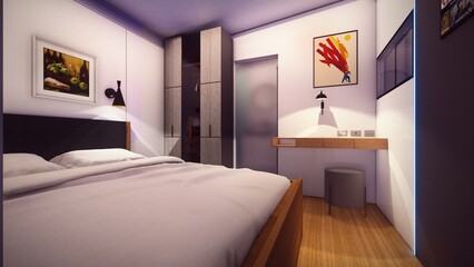 bedroom of modern cottage house 3d illustration