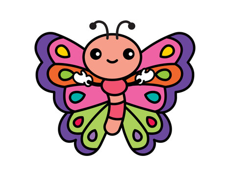 Cartoon colourful butterfly character welcoming hands gesture. Butterfly with beuatifil wing pattern. Vector character illustration
