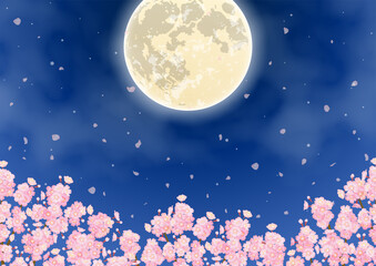 夜桜と満月のベクターイラスト