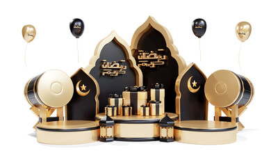ramadan banner template with 3d round podium and islamic drum