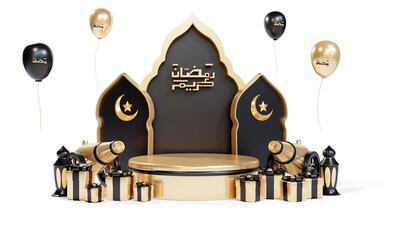 ramadan banner template with 3d round podium and canon
