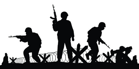 Soldiers troop with rifle gun in war silhouette vector, illustration for your background design, military man in the battle.