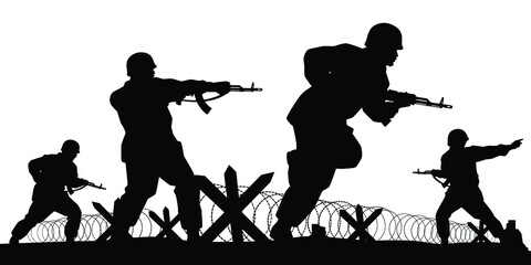 Soldiers troop with rifle gun in war silhouette vector, illustration for your background design, military man in the battle.
